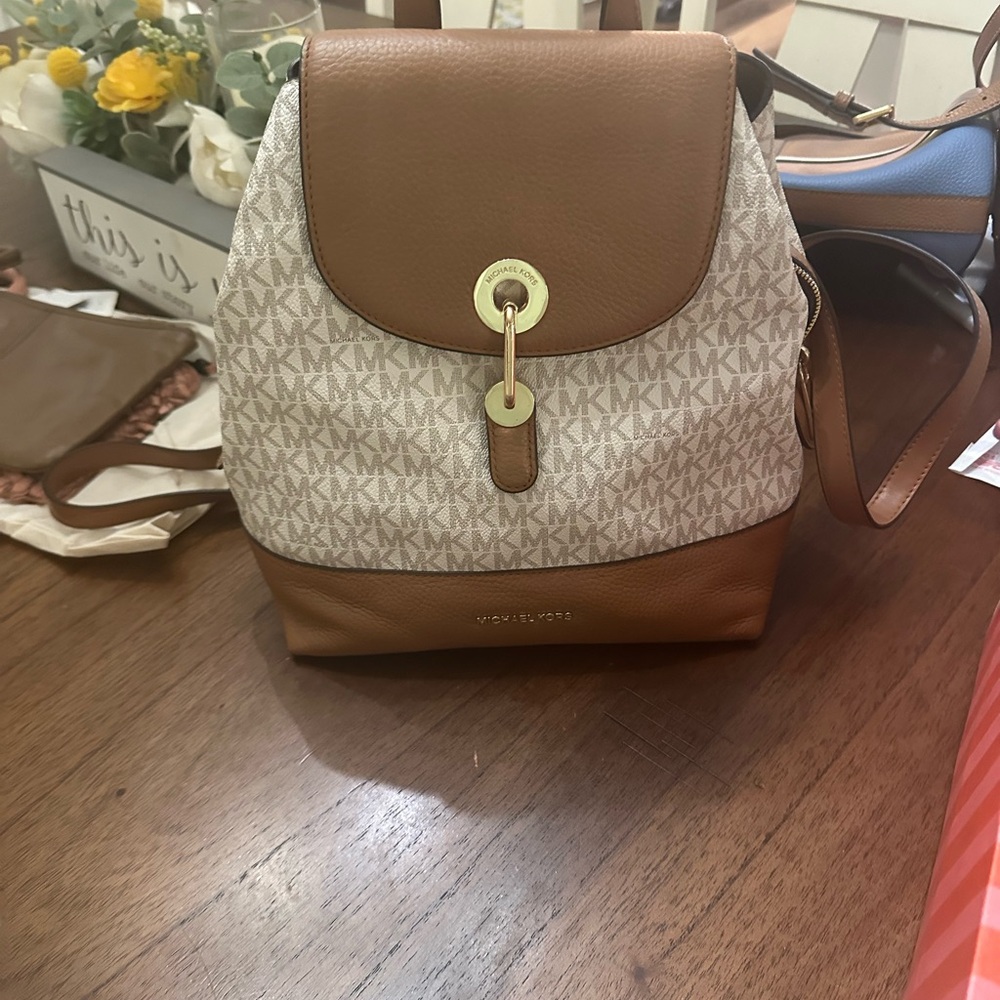 Michael Kors Brown and Tan Backpack Purse with Gold-Tone Closure